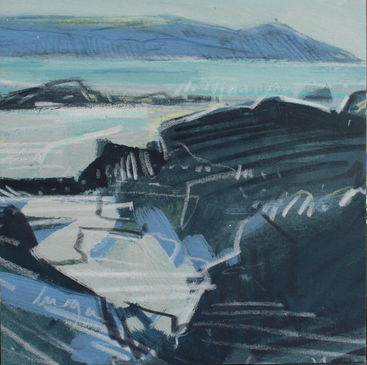 small seascape by Imogen Bone, the cliffs are shades of blue and black and the sea is pale blue with hints of white and turquoise
