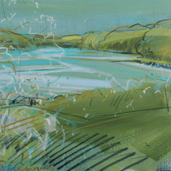 Imogen Bone small landscape of with green and ochre hills, pale blue river with hints of white and turquoise 