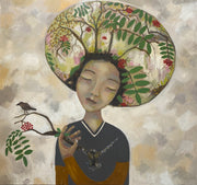 Siobhan Purdy painting of a woman with a hat in the form of a rowan tree, holding a branch on which a small bird is perched
