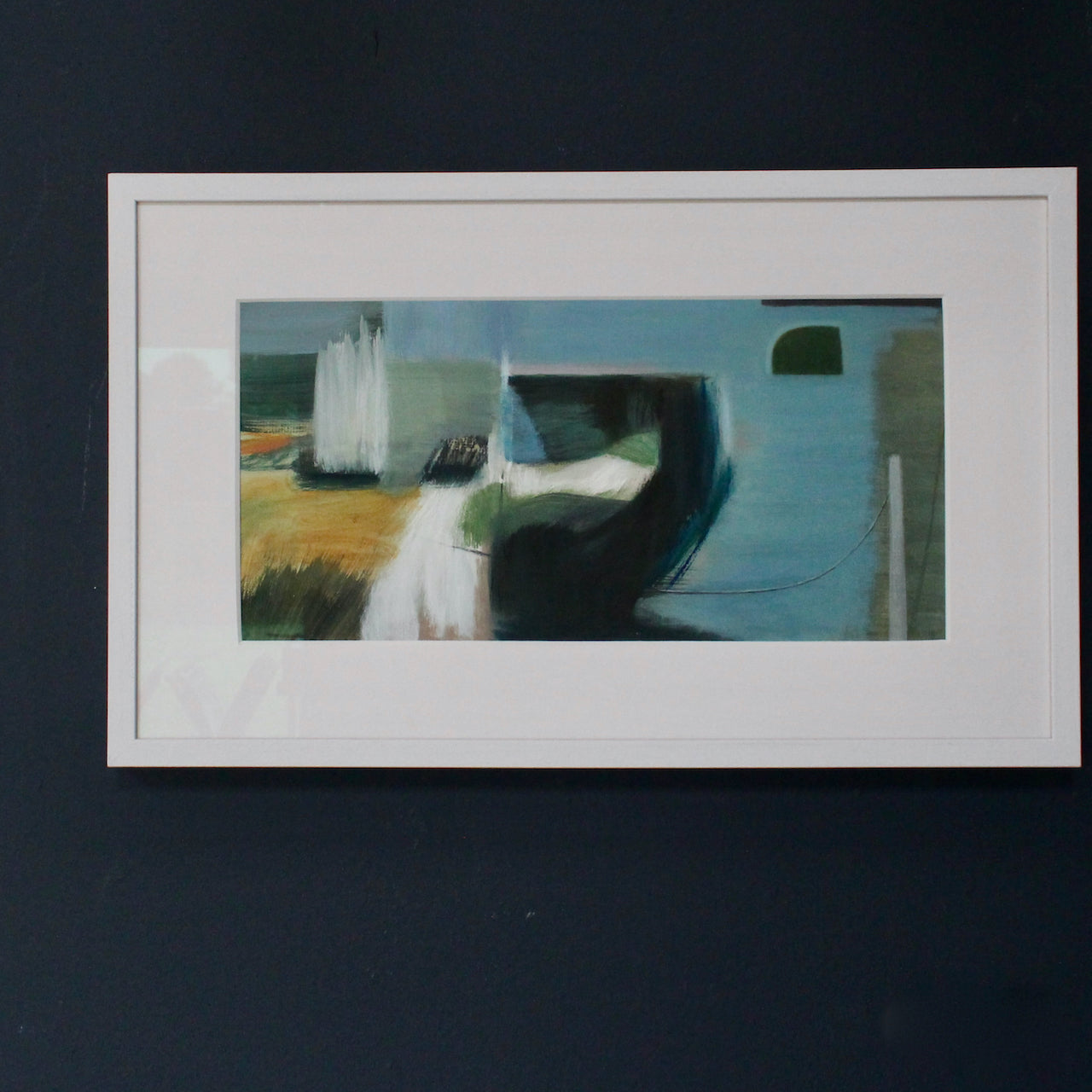 framed Heath Hearn, Cornwall artist abstract painting  in blues, greens and yellows depicting a cove and the Mewstone in Plymouth Sound
