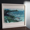 Jill Hudson painting of Rame Head peninsula with dark green headland and a blue sea