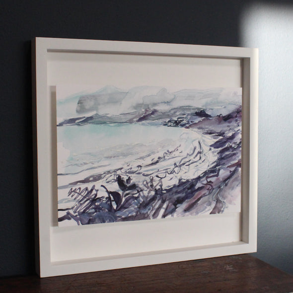 watercolour painting of Cornish beach by Jill Hudson purple rocks and a pale blue sea