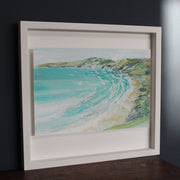 Jill Hudson painting of a Cornish beach with turquoise sea and pale blue sky