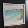 Jill Hudson painting of a Cornish beach with turquoise sea and pale blue sky