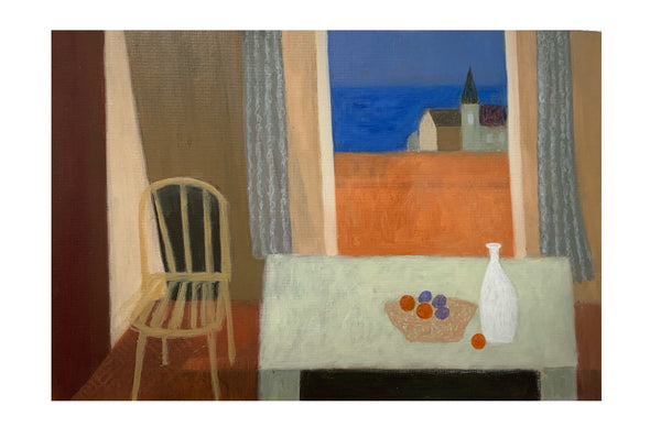 Heath Hearn painting of a kitchen chair and table with white bottle and bowls of berries overlooking a stone church and the blue sea 