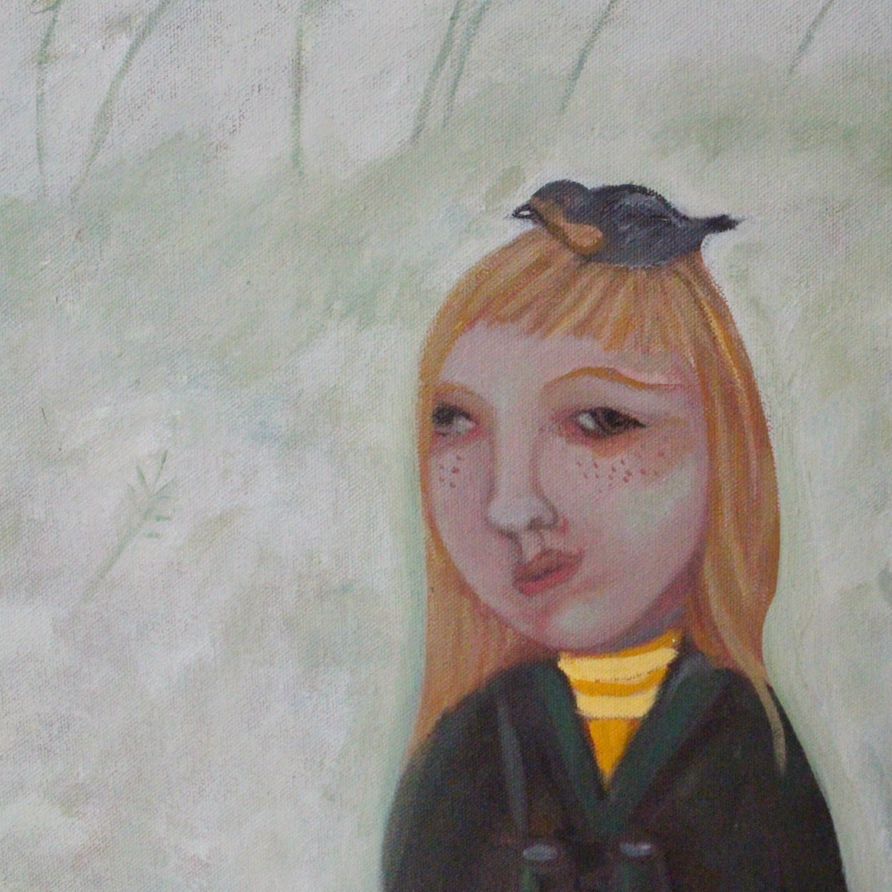 Close up detail of a Siobhan Purdy painting of a girl with long blonde hair wearing a dark green coast with binoculars round her neck and a bird on top of her head.
