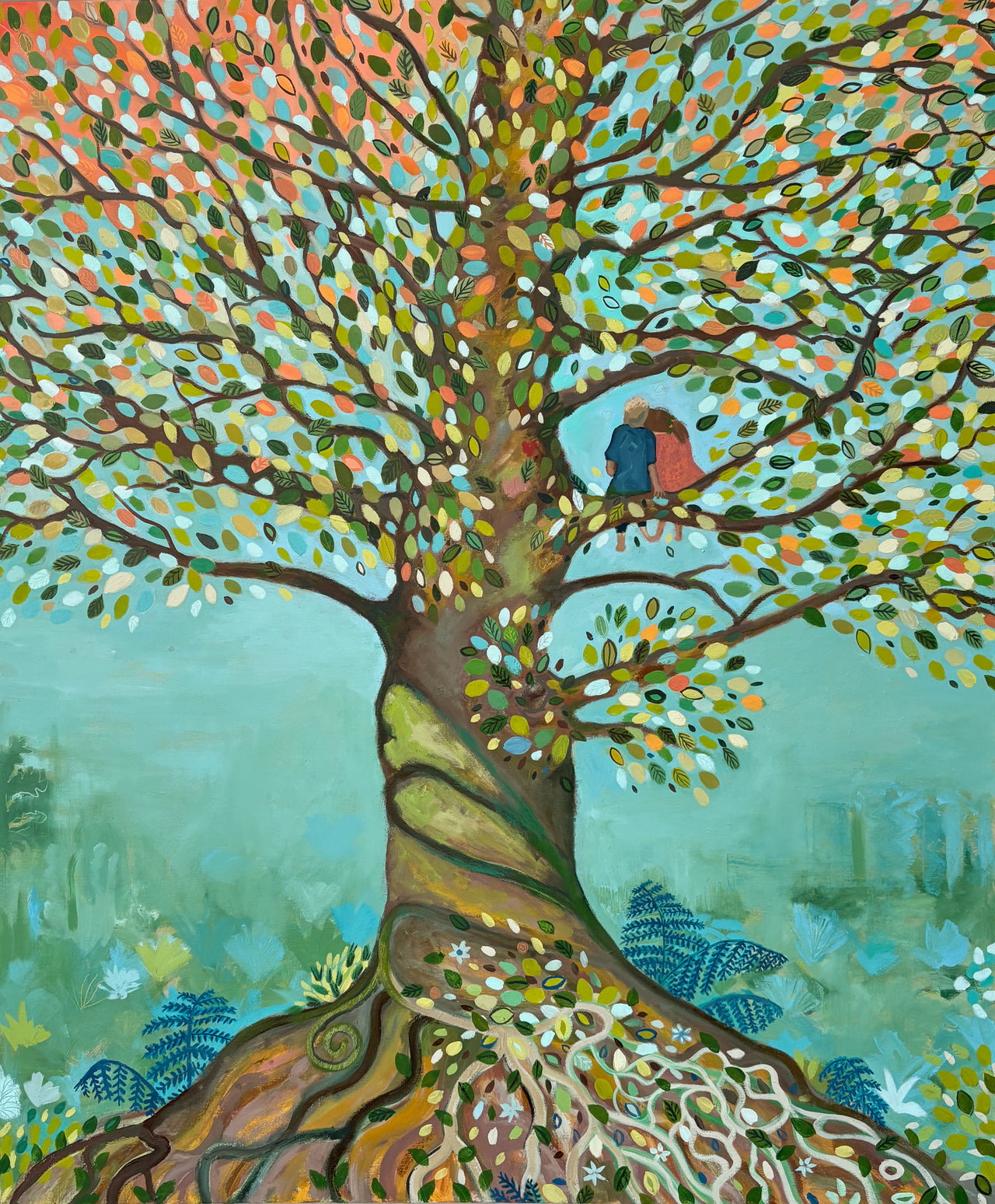 Siobhan Purdy painting of a tree with multi-colour leaves and couple sitting on a branch