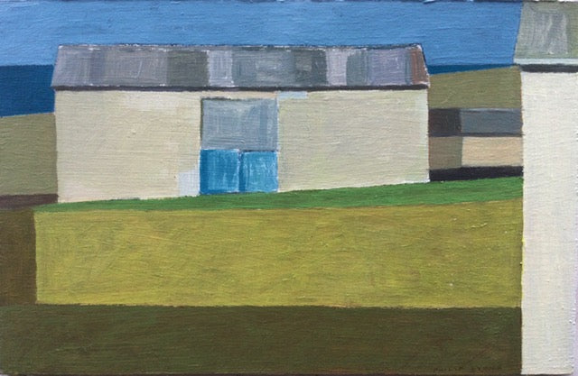 painting of barn with blue door in field by Cornwall artist Philip Lyons 