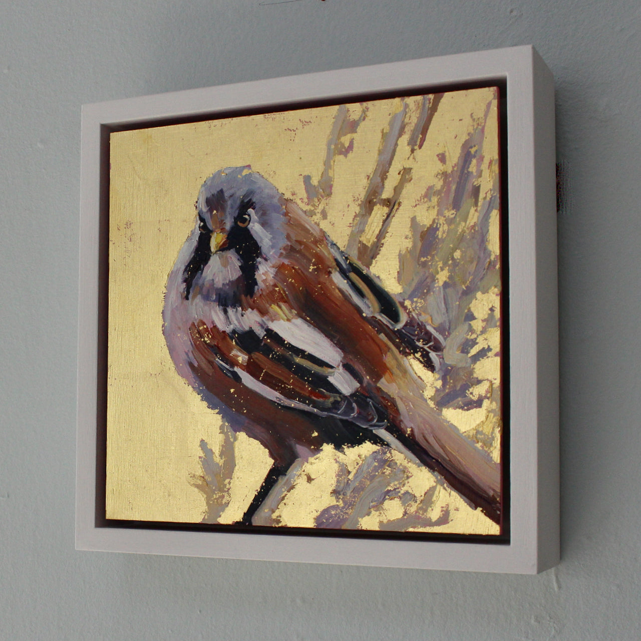 a framed painting of a brown and grey bird with a yellow beak on a gold lustre background by Cornwall artist Jill Hudson 