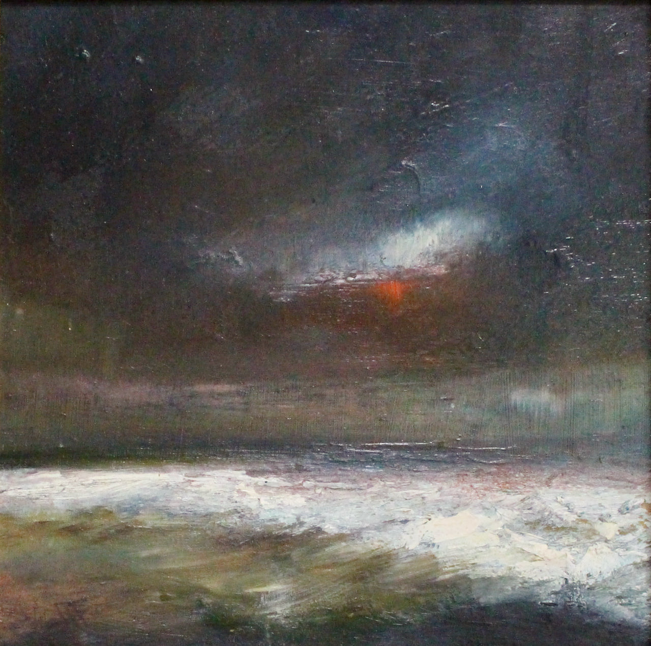 red and black sky over a stormy sea in an oil painting by Claire Howlett