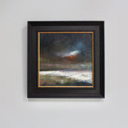 a red and black sky over a stormy sea in an oil painting by Claire Howlett which is in a black frame with a gold mount