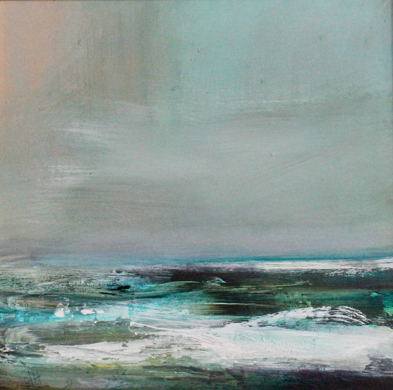 blue, green and white sea under a grey sky in a painting by UK artist Claire Howlett