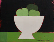 Sophie Harding painting of three green apples in a white bowl on a green coloured table