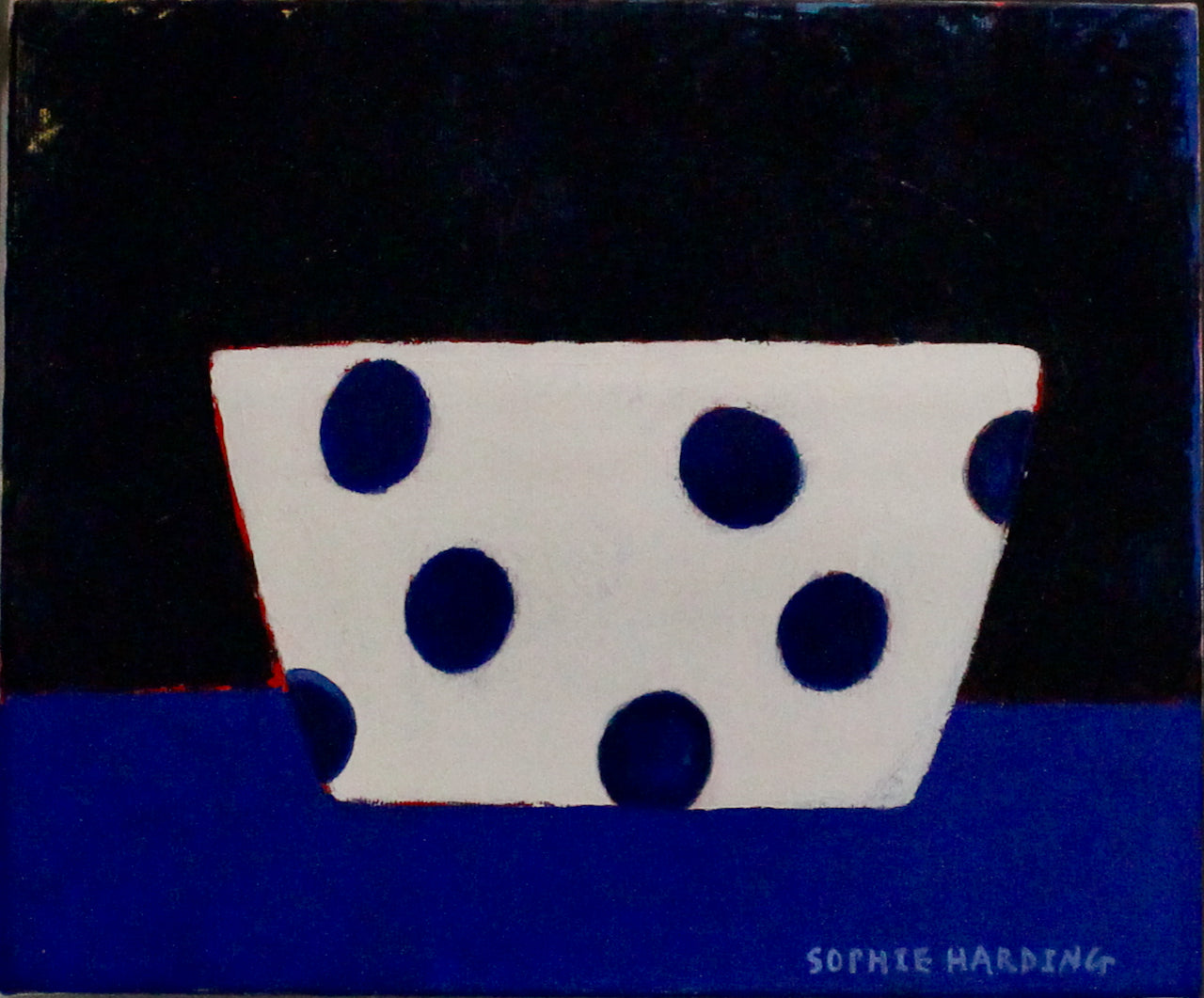 painting by Sophie Harding of white bowl with blue spots on a blue table 