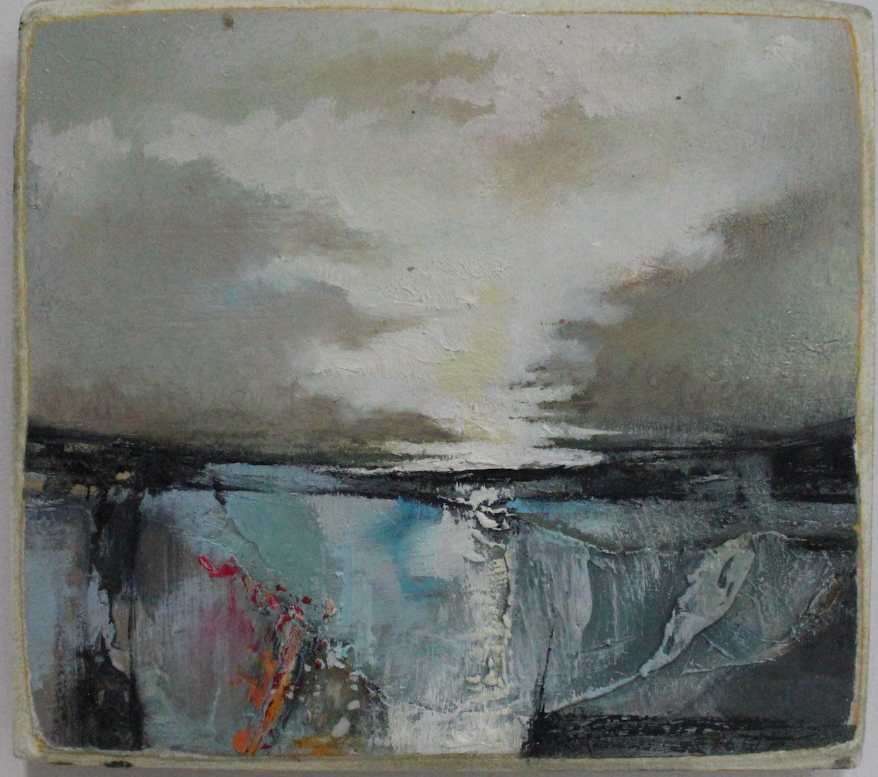 painting of a dark brooding sky over a blue, black and pink sea by artist Julie Ellis