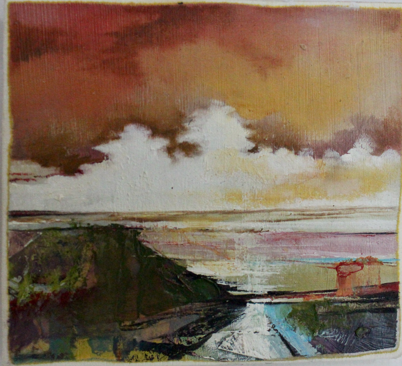 small painting of a beach scene at sunset by artist Julie Ellis