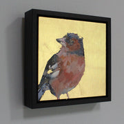 Jill Hudson painting of a chaffinch on a gold background in a square black frame.