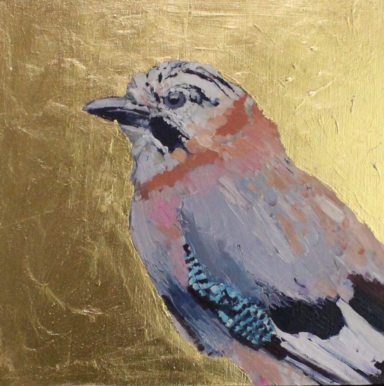 Jill Hudson painting of a jaybird on a gold background