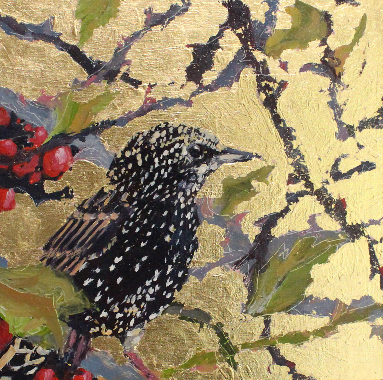 Jill Hudson of a starling on a branch of a tree the background is gold