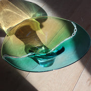 Benjamin Lintell hand-blown glass platter vessel in green and amber with a white and turquoise murani detail, it was designed and made by Benjamin in Murano, the glass capital of the world