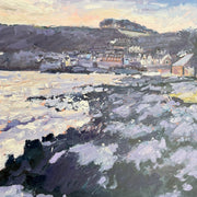 Jill Hudson painting of the Cornish village or Cawsand with coloured houses, purple rocks and a white sea