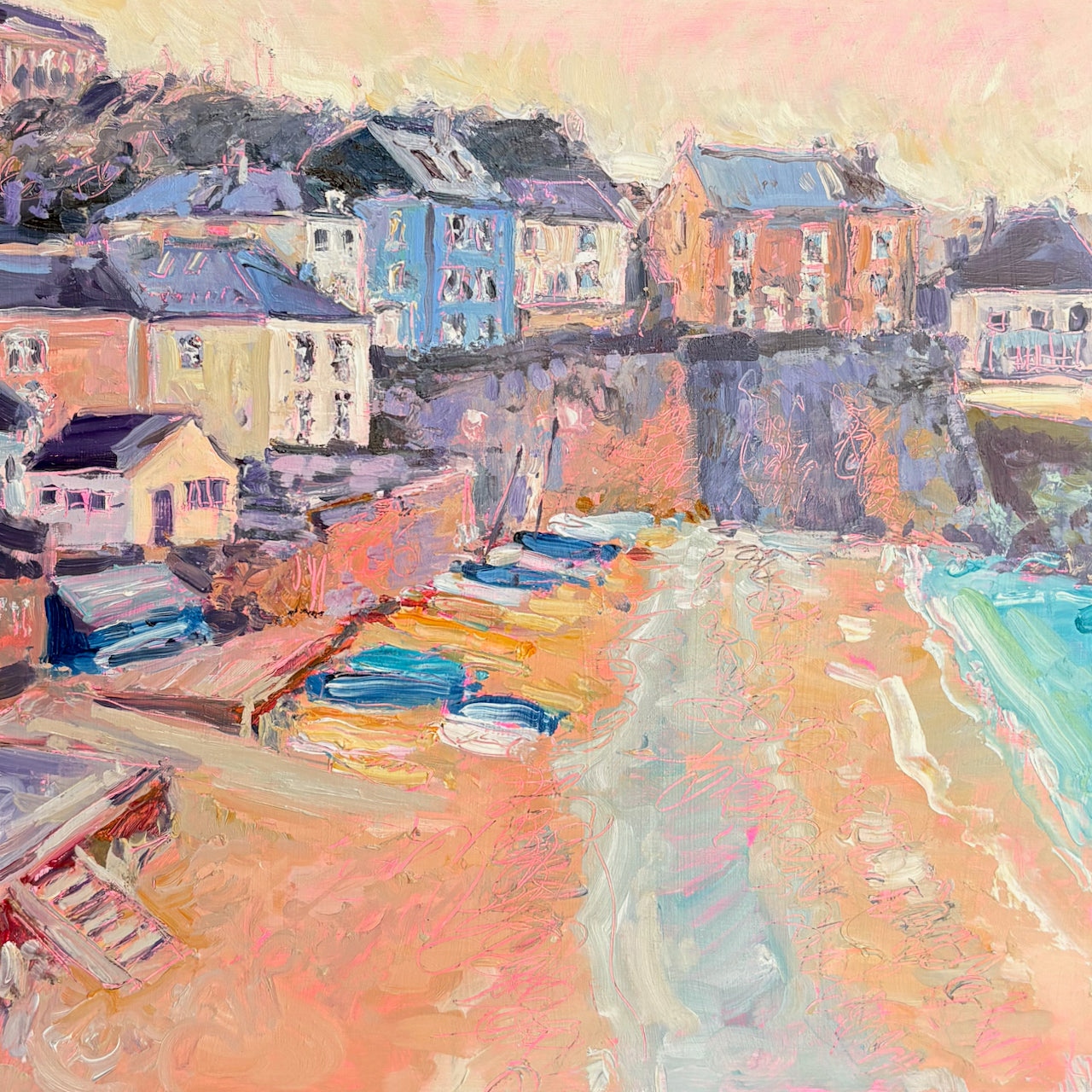 Jill Hudson painting of the multi-coloured houses and beach of Cawsand in Cornwall 