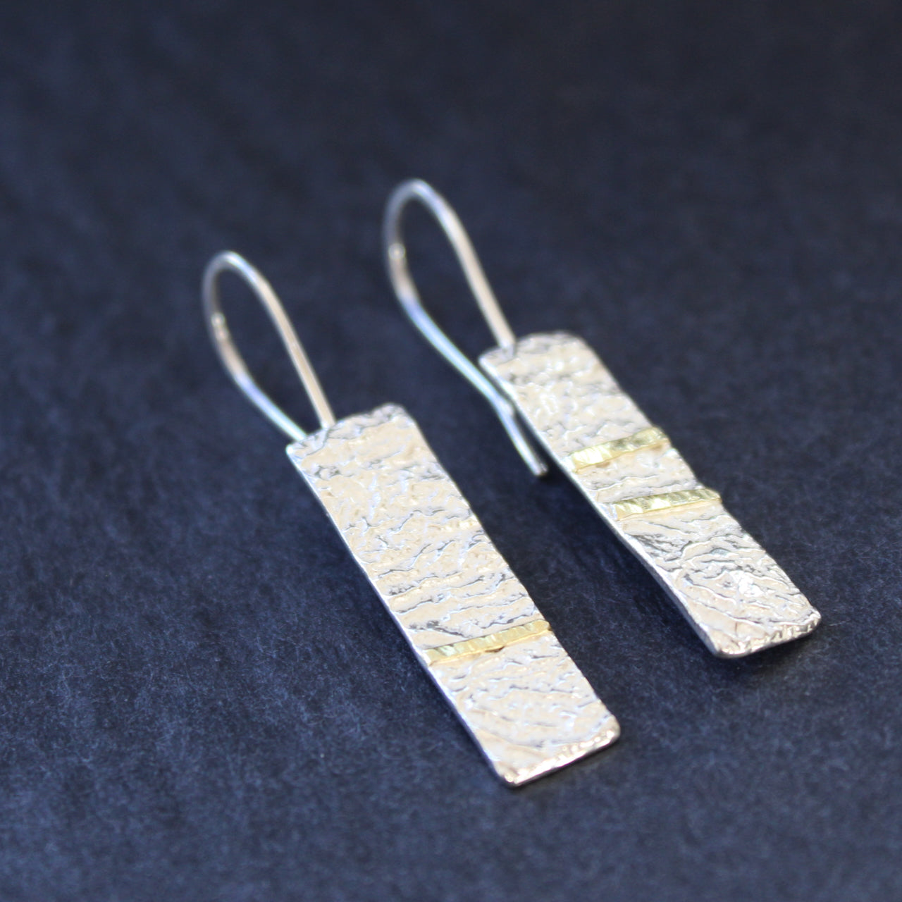 Lucy Spink - Earrings textured silver monolith with 18ct gold bars