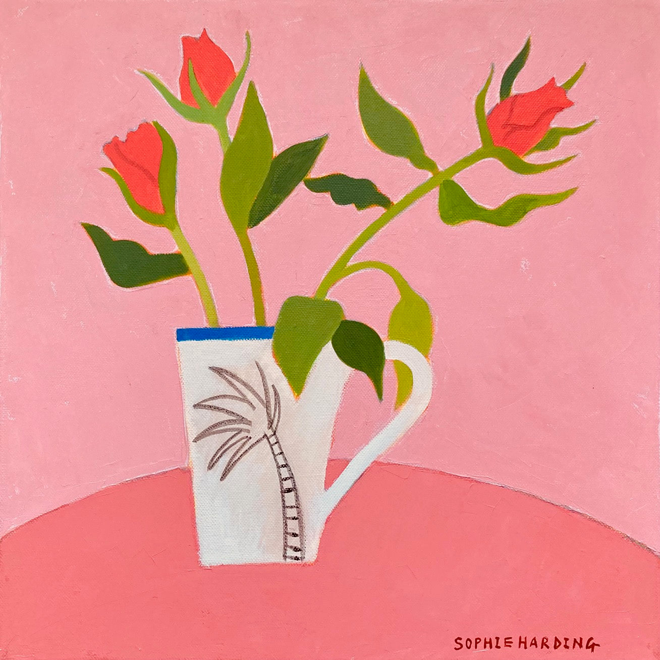 sophie harding painting of red roses in a white and blue mug