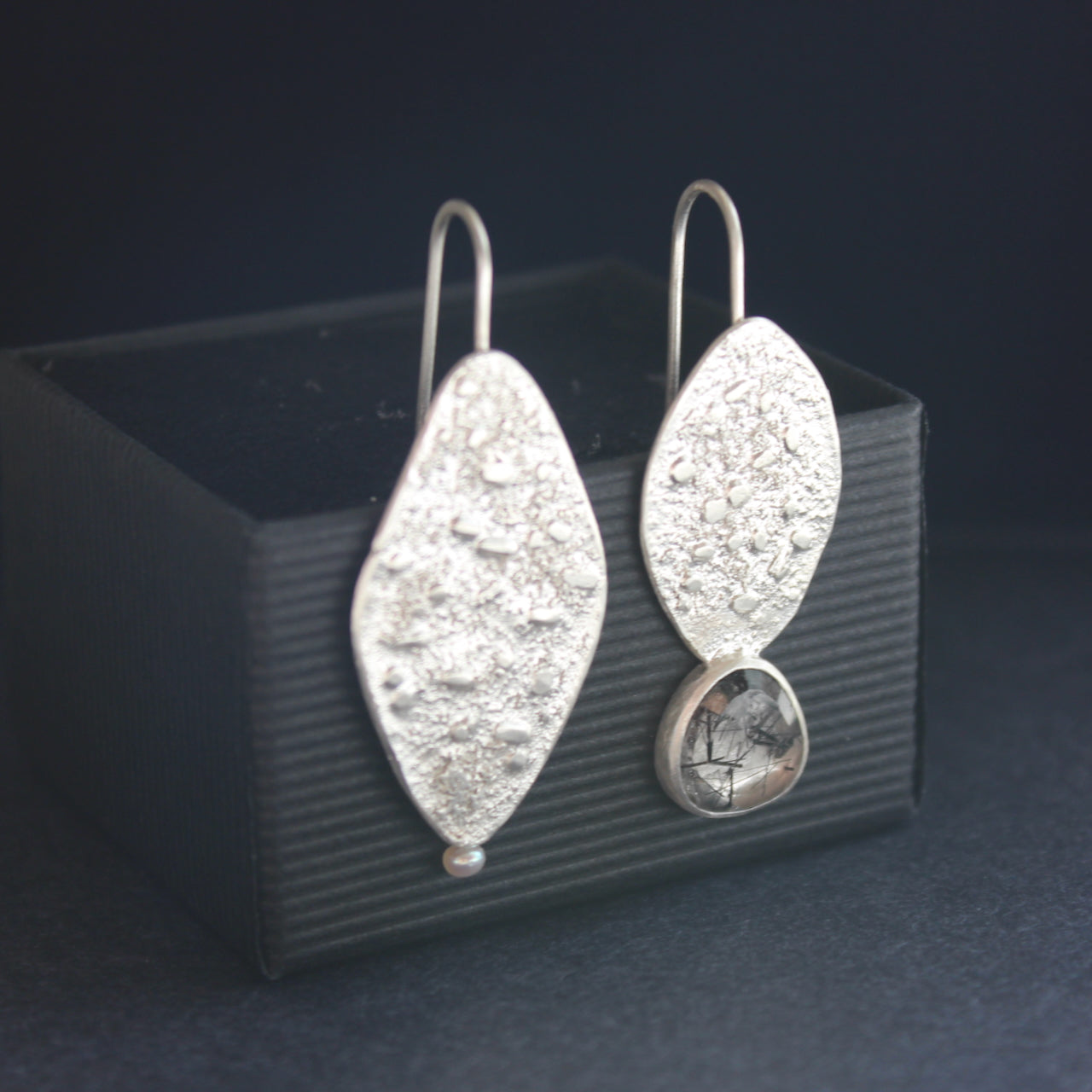 Carin Lindberg -  Tourmalinated quartz with pearl drop earrings with textured silver