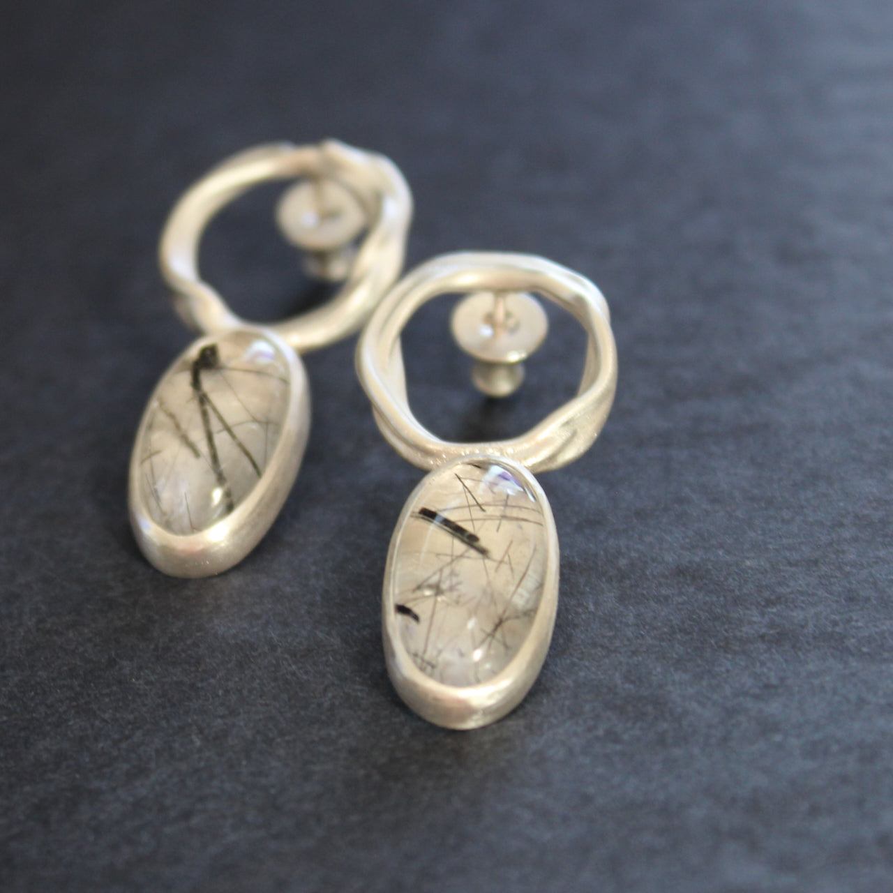 Carin Lindberg -  Tourmalinated quartz tangled stud earrings in brushed silver
