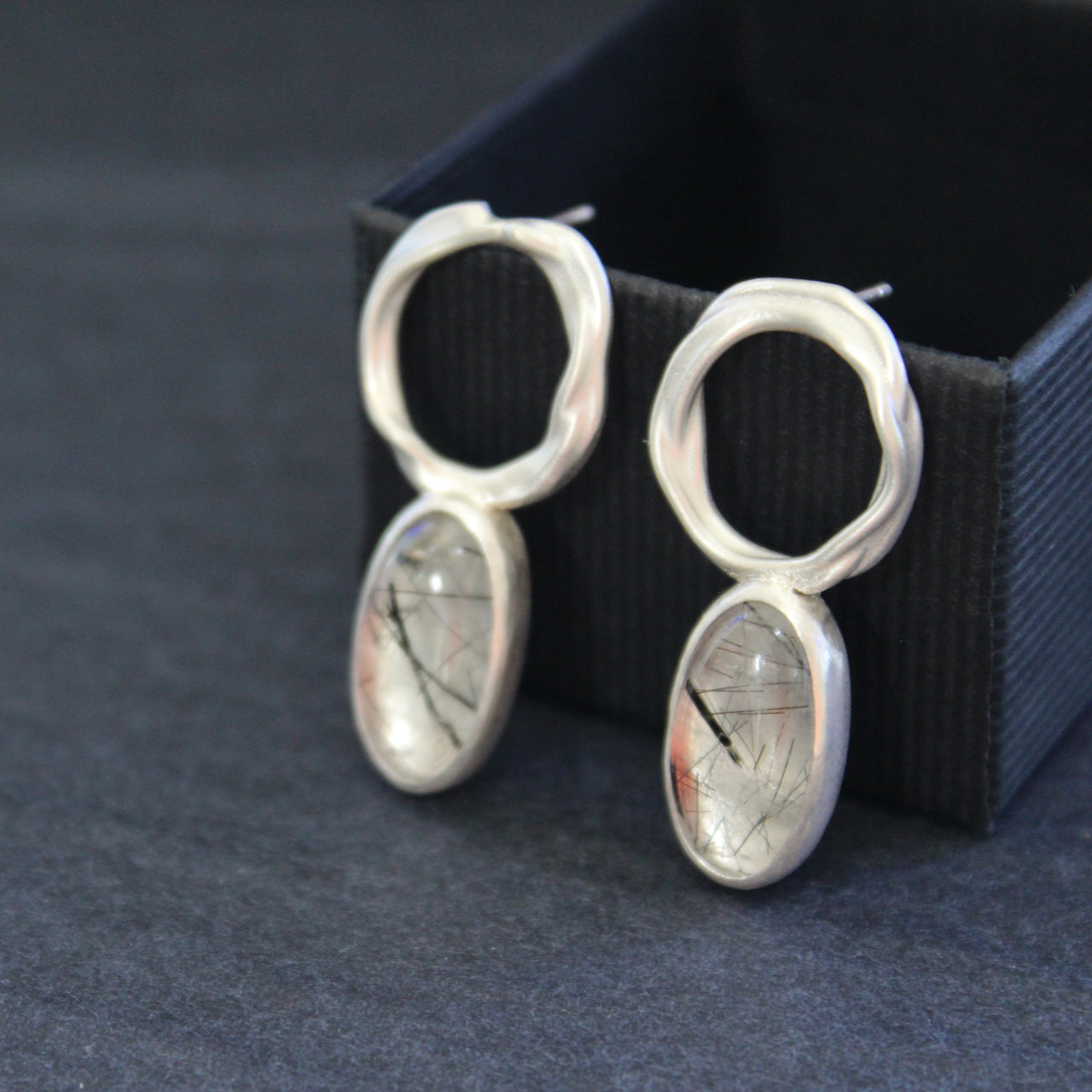Carin Lindberg -  Tourmalinated quartz tangled stud earrings in brushed silver