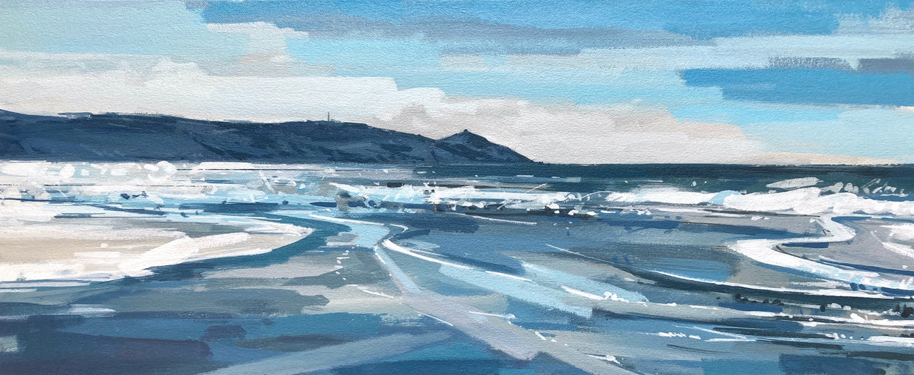 Long painterly lines of sea rolling into shore and Rame head in background by artist Imogen Bone