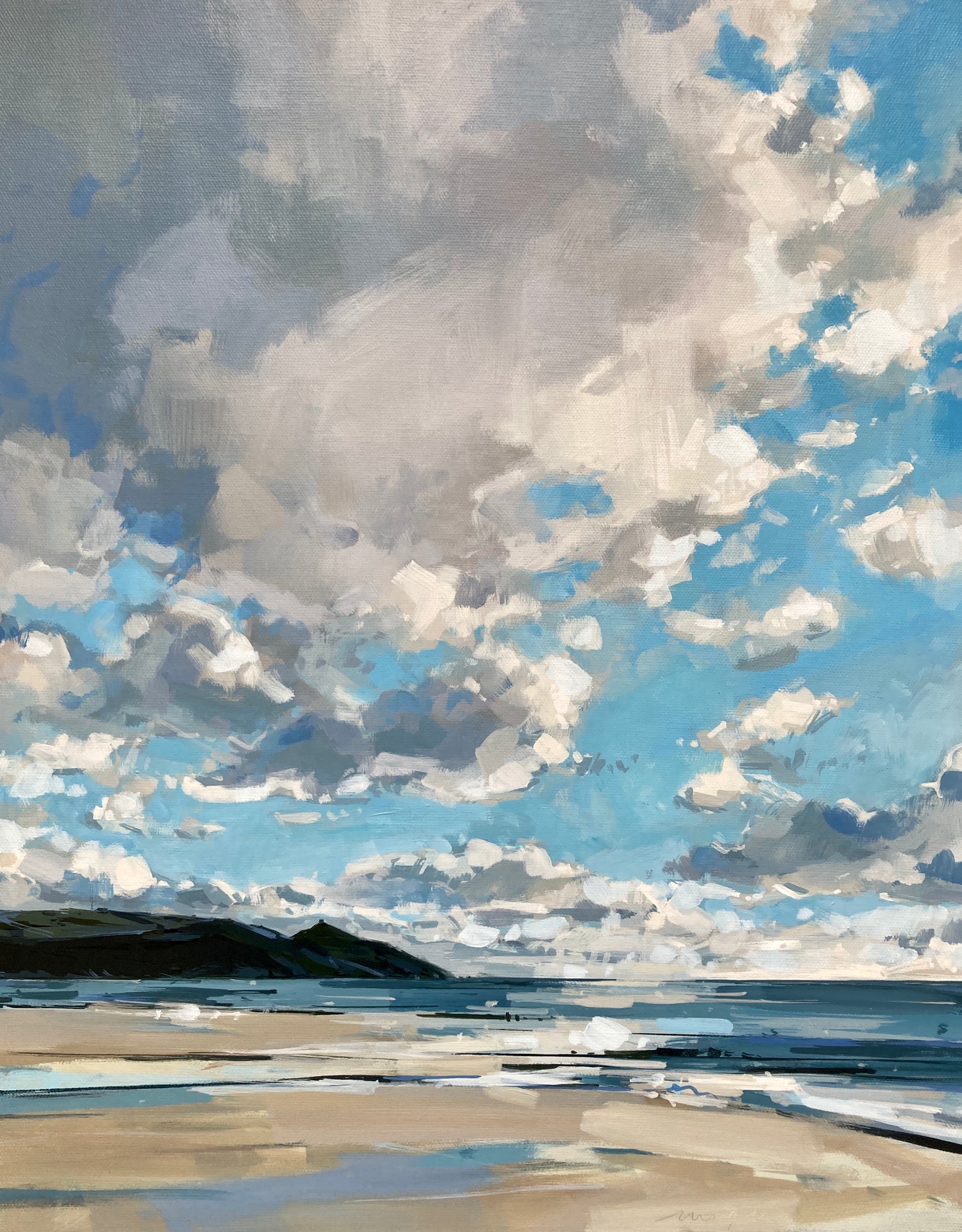 Dramatic big clouds over seascape of Rame Head in tones of blues, whites and ochre by artist Imogen Bone