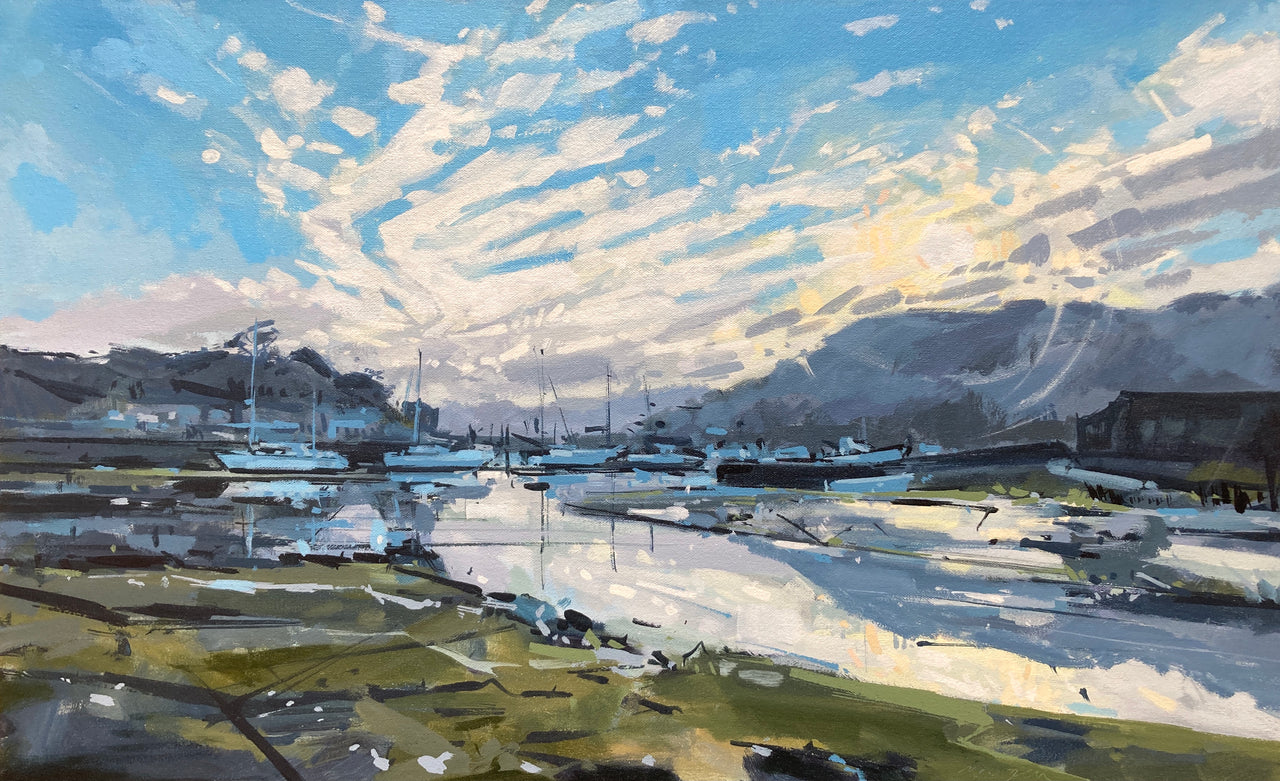 Ethereal painting of sun setting over boats moored on the water with headland in background by artist Imogen Bone