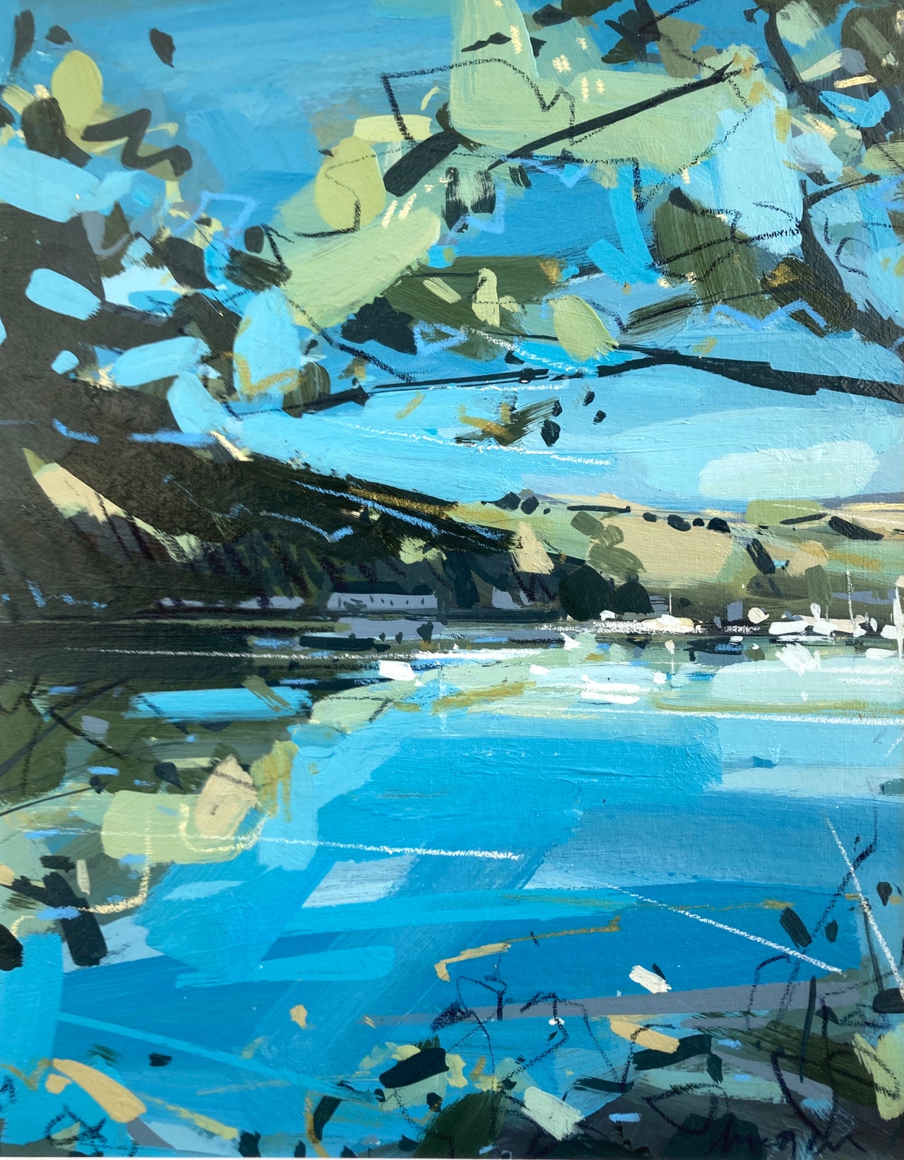 Headland in background with boats moored in the water, foliage in foreground in tones of blues and greens by artist Imogen Bone