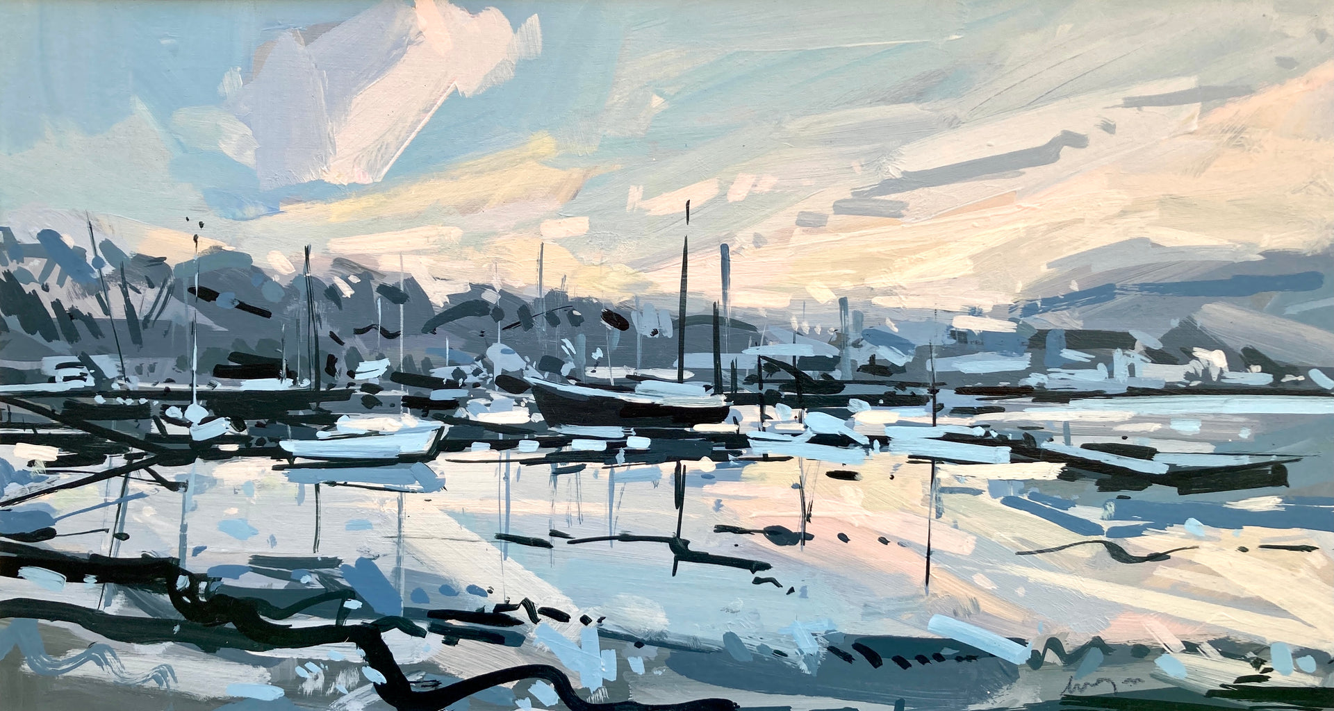 Boats moored on the water in Millbrook in tones of blue and greys by artist Imogen Bone
