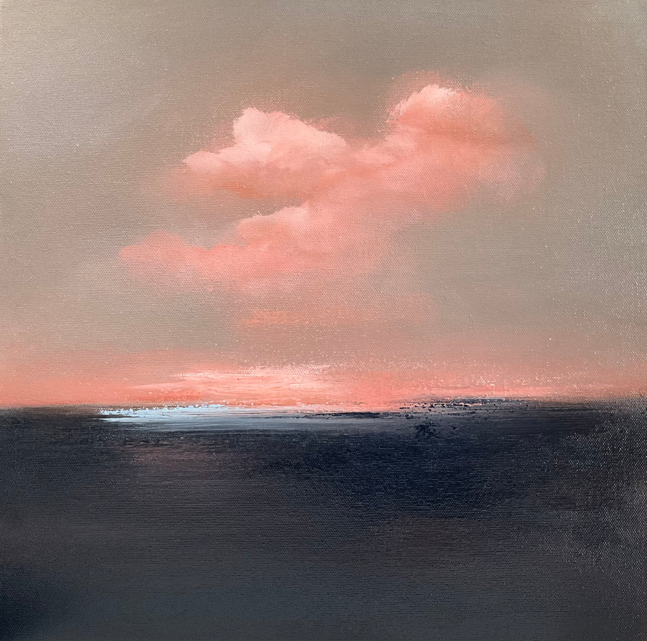 Seascape painting with pink, grey and white sky tones and dark sea by artist Nicola Mosley
