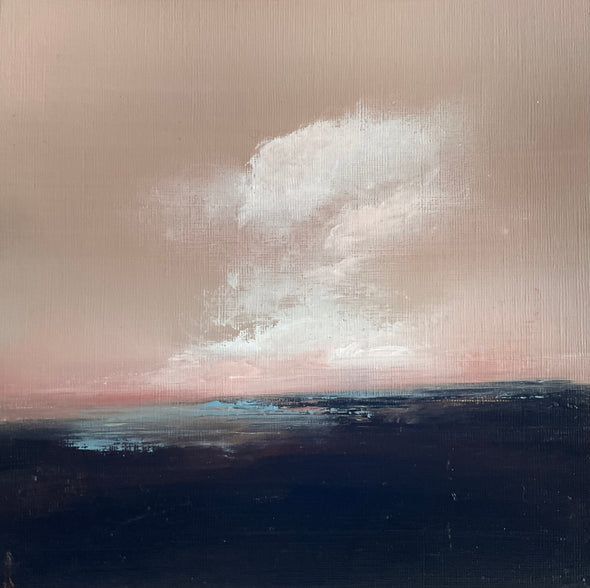 Cornish artist Nicola Mosley seascape of black tones with turquoise ocean and white clouds and dusky pink sky