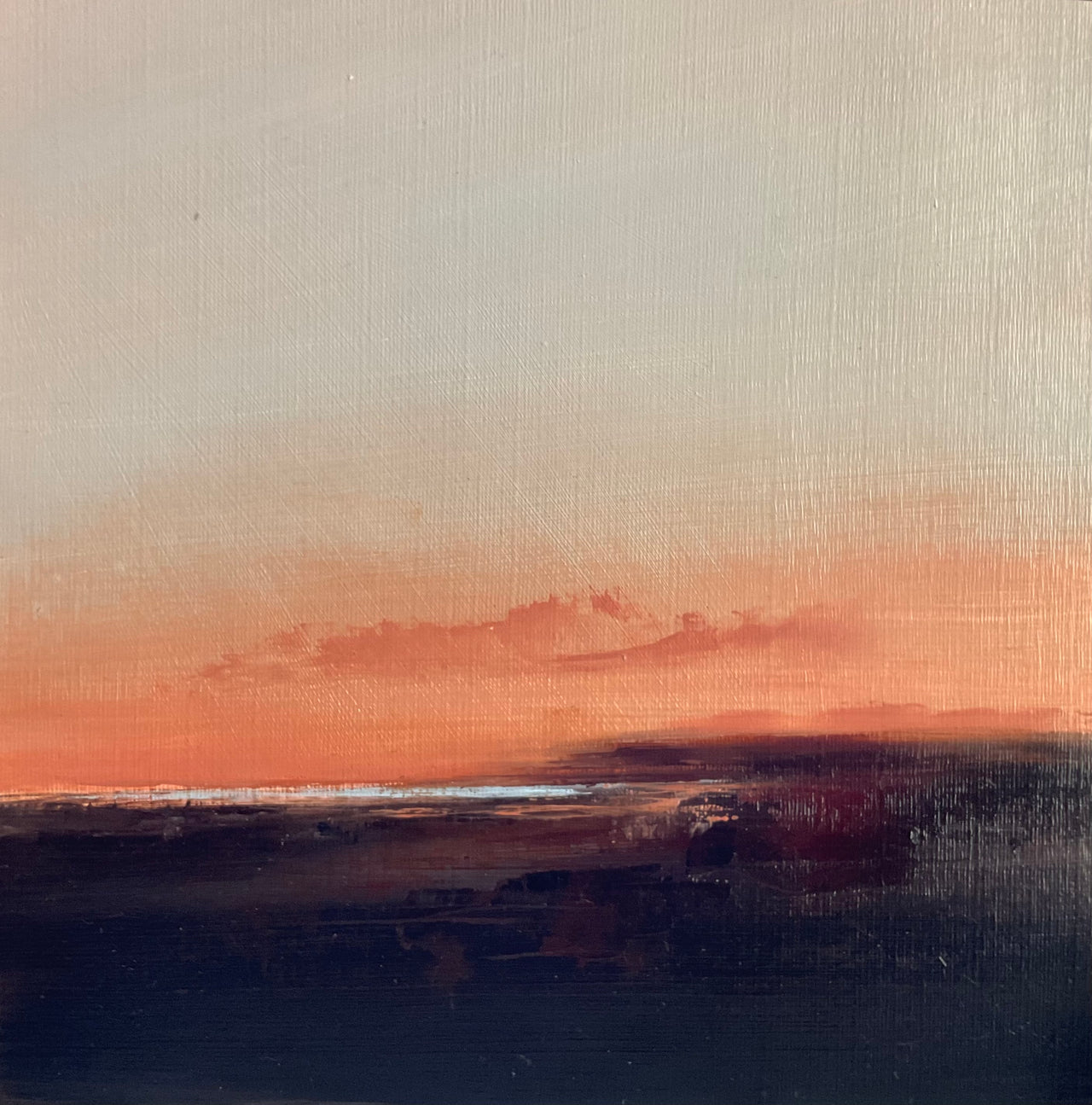 Dark headland with shimmering sea and dusk pink tone sky by artist Nicola Mosley