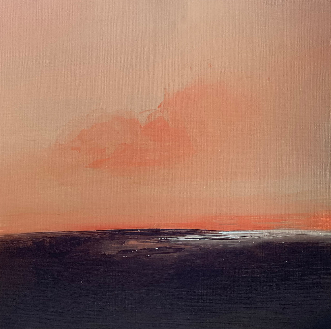 Cornish artist Nicola Mosley dusky pink sky with dark tones of the headland and shimmering ocean