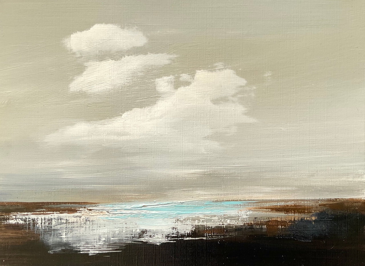 Cornish artist Nicola Mosley seascape of brown and black tones with turquoise ocean and clouds