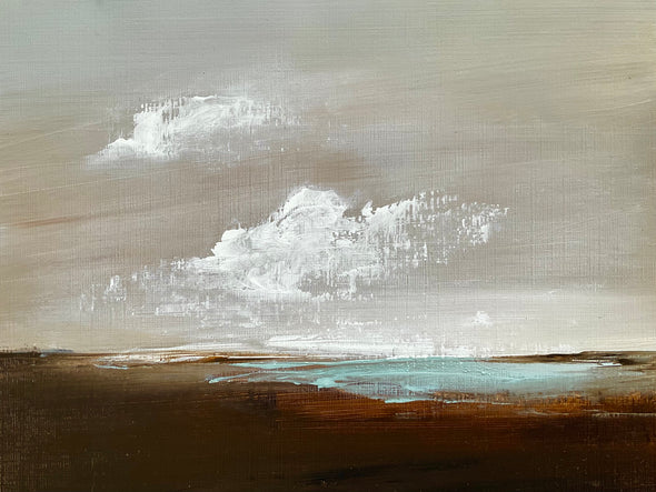 Cornish artist Nicola Mosley seascape of brown tones with turquoise ocean and white clouds