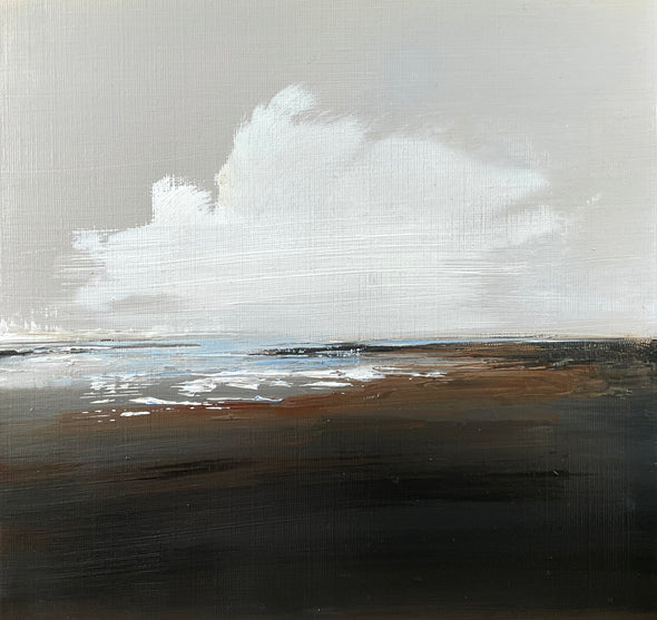 Artist Nicola Mosley seascape of brown and black tones with turquoise ocean and white clouds.