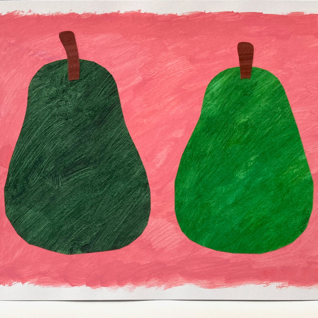 two green pairs on a pink background in a painting by Sophie Harding