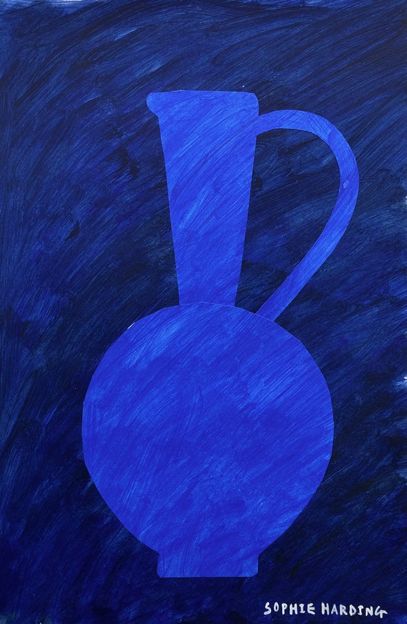 a Sophie Harding painting of a tall blue jug on a darker blue background.