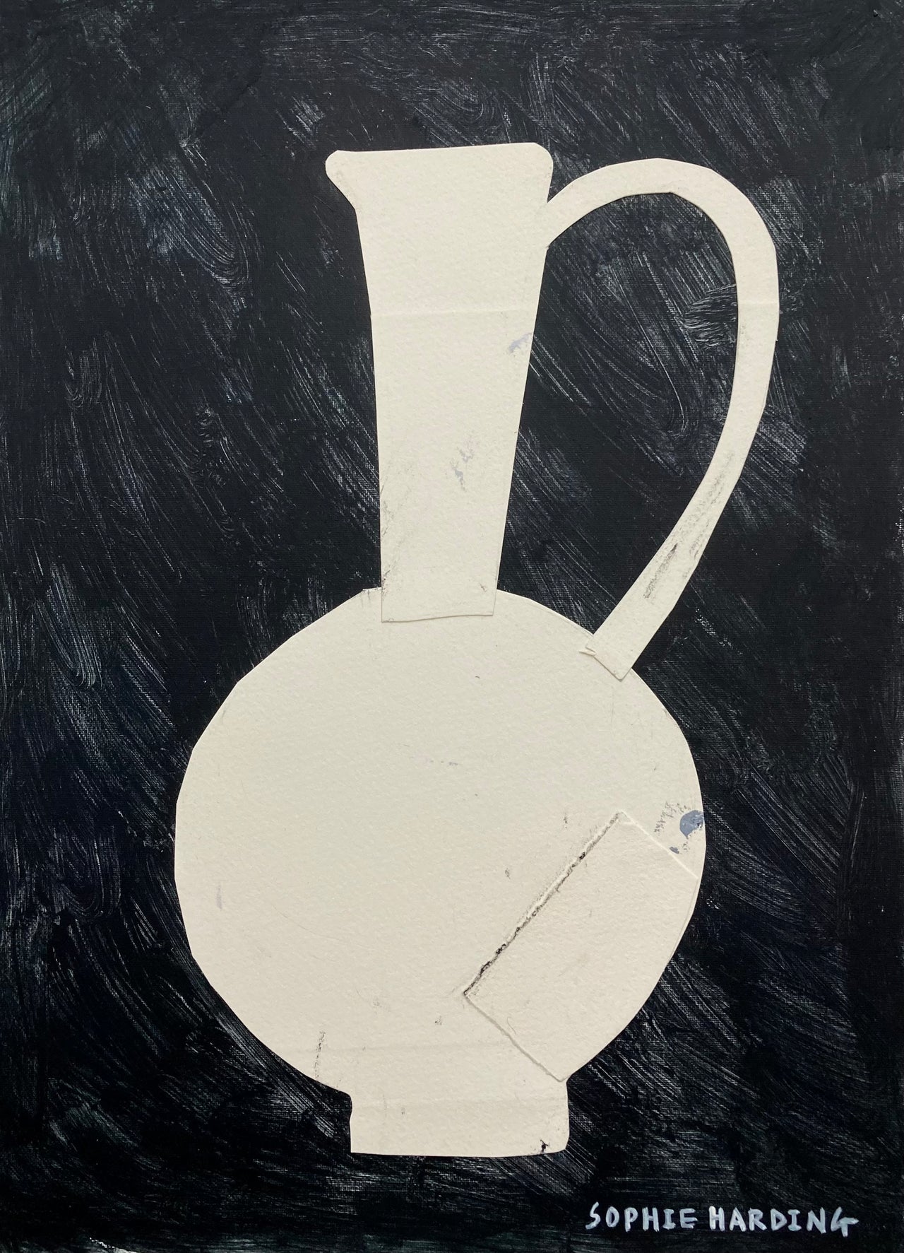 a Sophie Harding painting of a white jug on a black background.