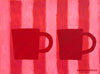 Sophie Harding painting of two red mugs on a pink stripy background 