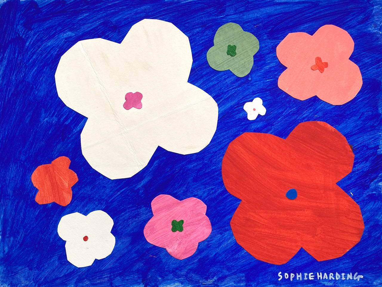 Cornish artist Sophie Harding, white, pink red and green flowers on blue background