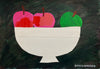 Pink and green apples in a white bowl on a  black background by Cornish artist Sophie Harding.