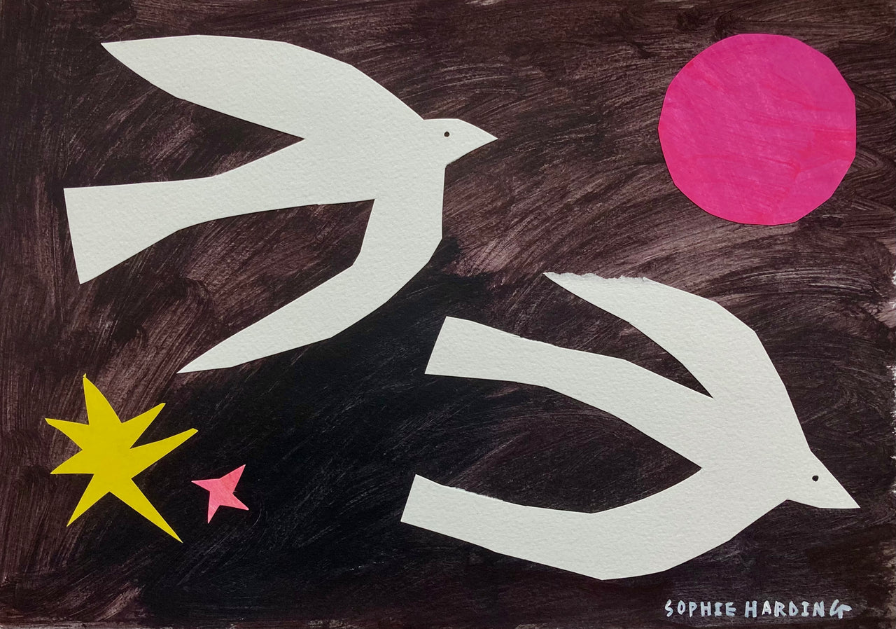 Two white birds on black background, pink moon with yellow and pink star by artist Sophie Harding